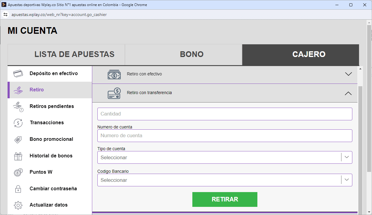 retiros transferencia wplay