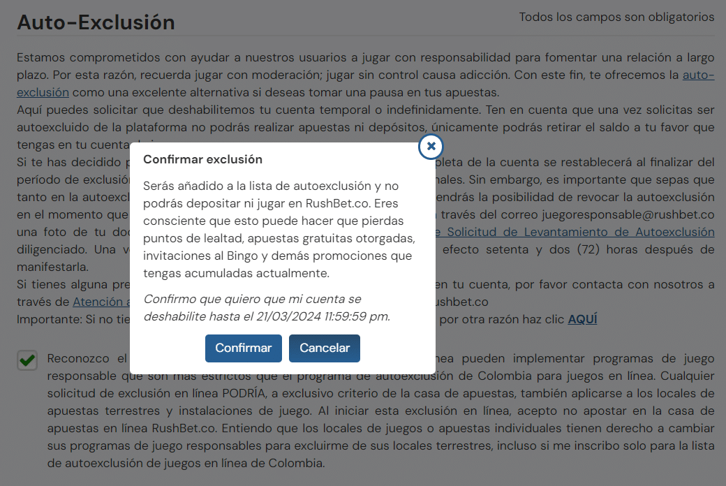 Confirmar autoexclusión Rushbet