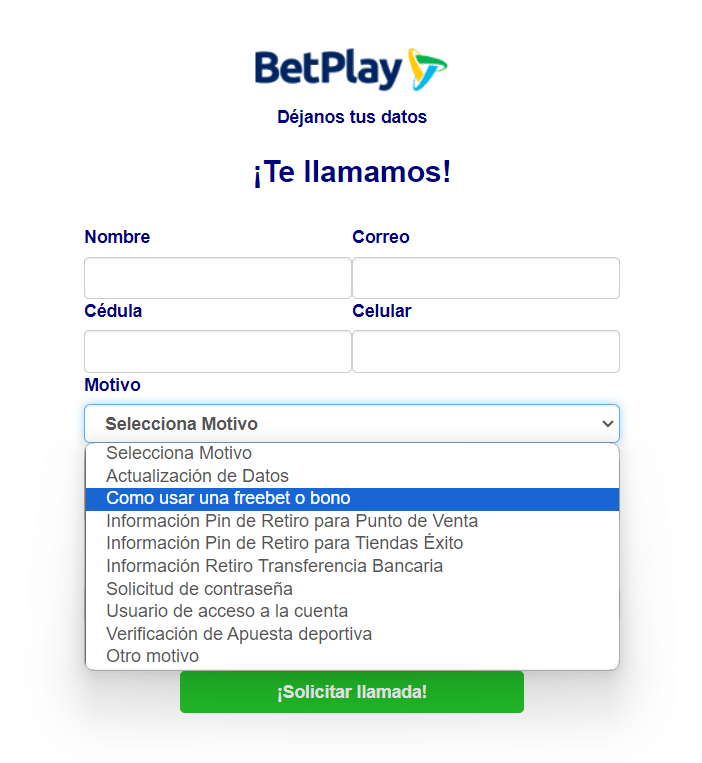 Escoger solicitud Betplay