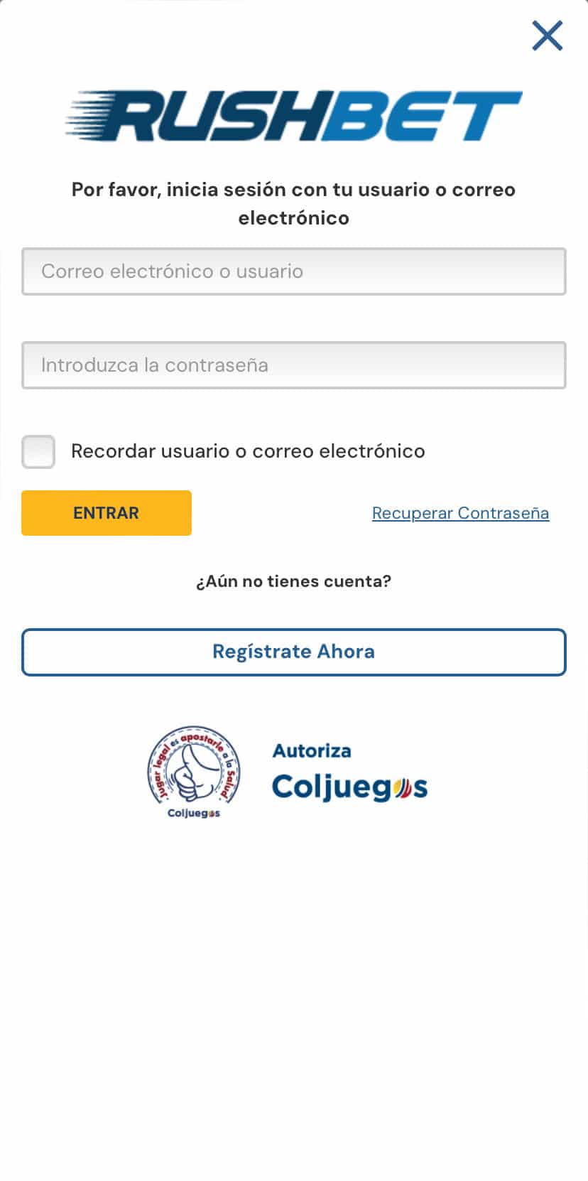 Rushbet app iniciar sesión