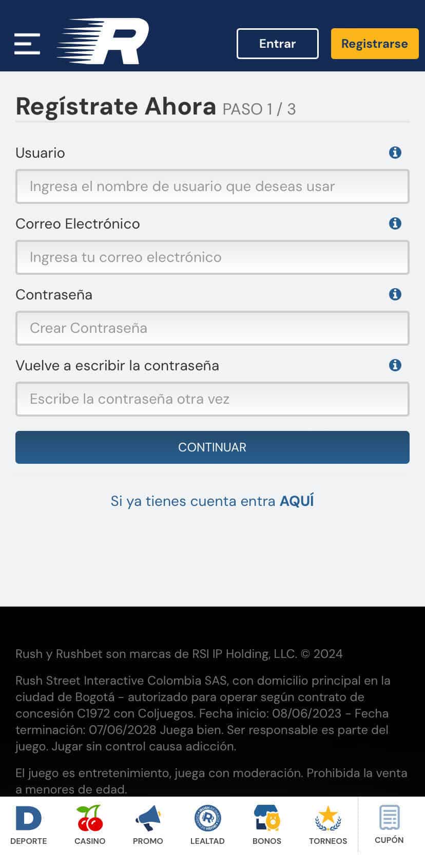 Rushbet app registro