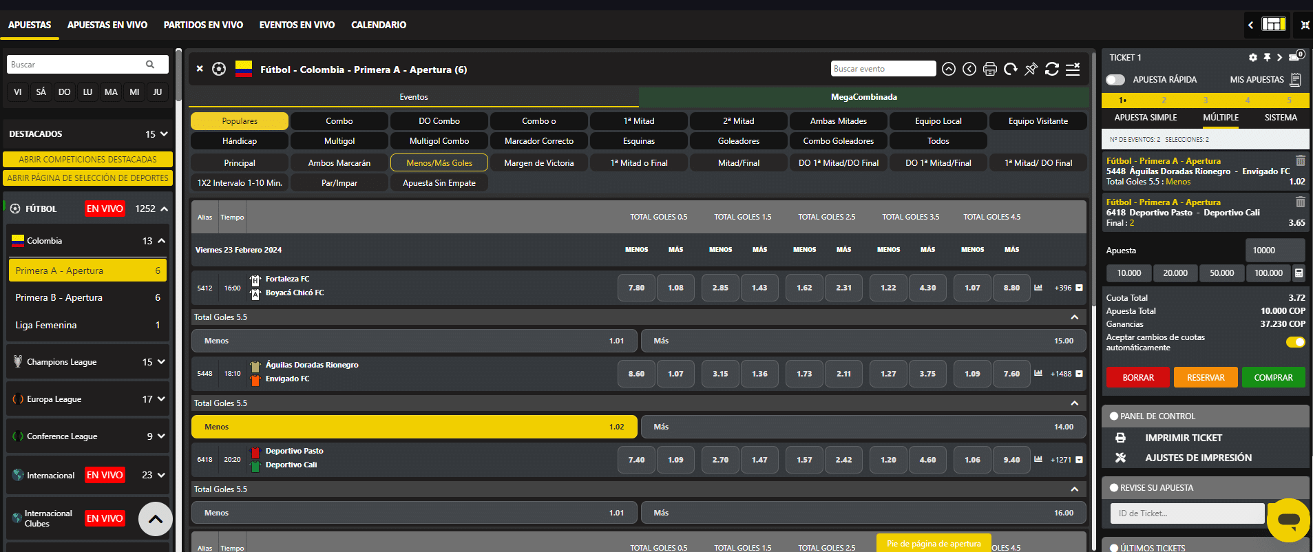 Megapuesta selecciones y tiquete de apuesta