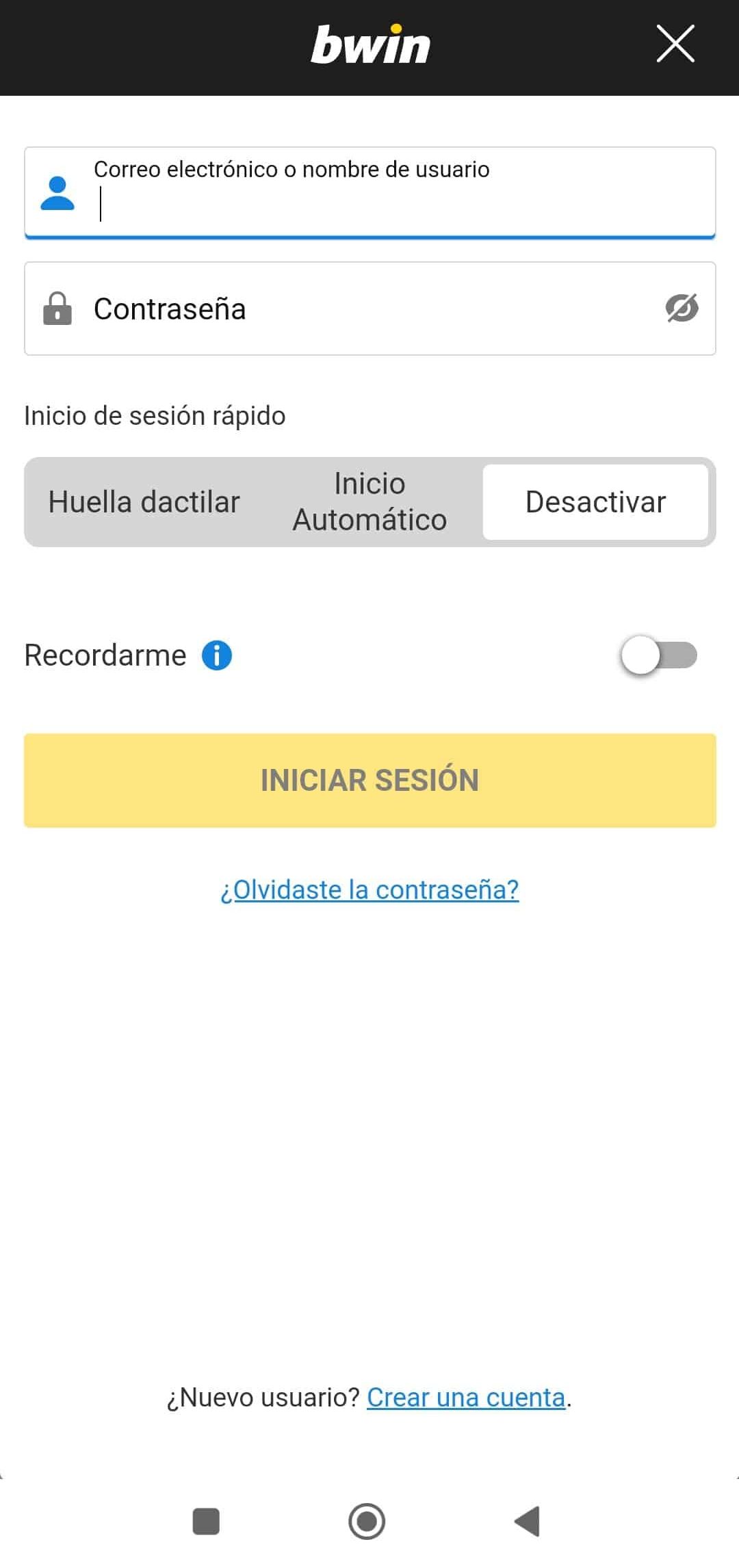 Bwin app Android iniciar sesión