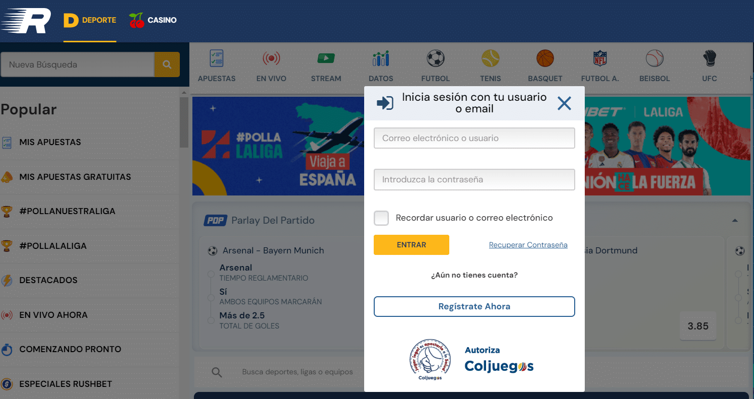 Usuario o correo Rushbet
