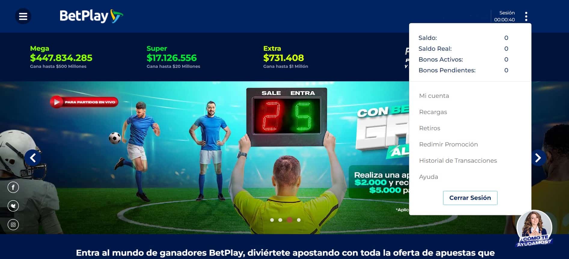 Betplay menú desplegable