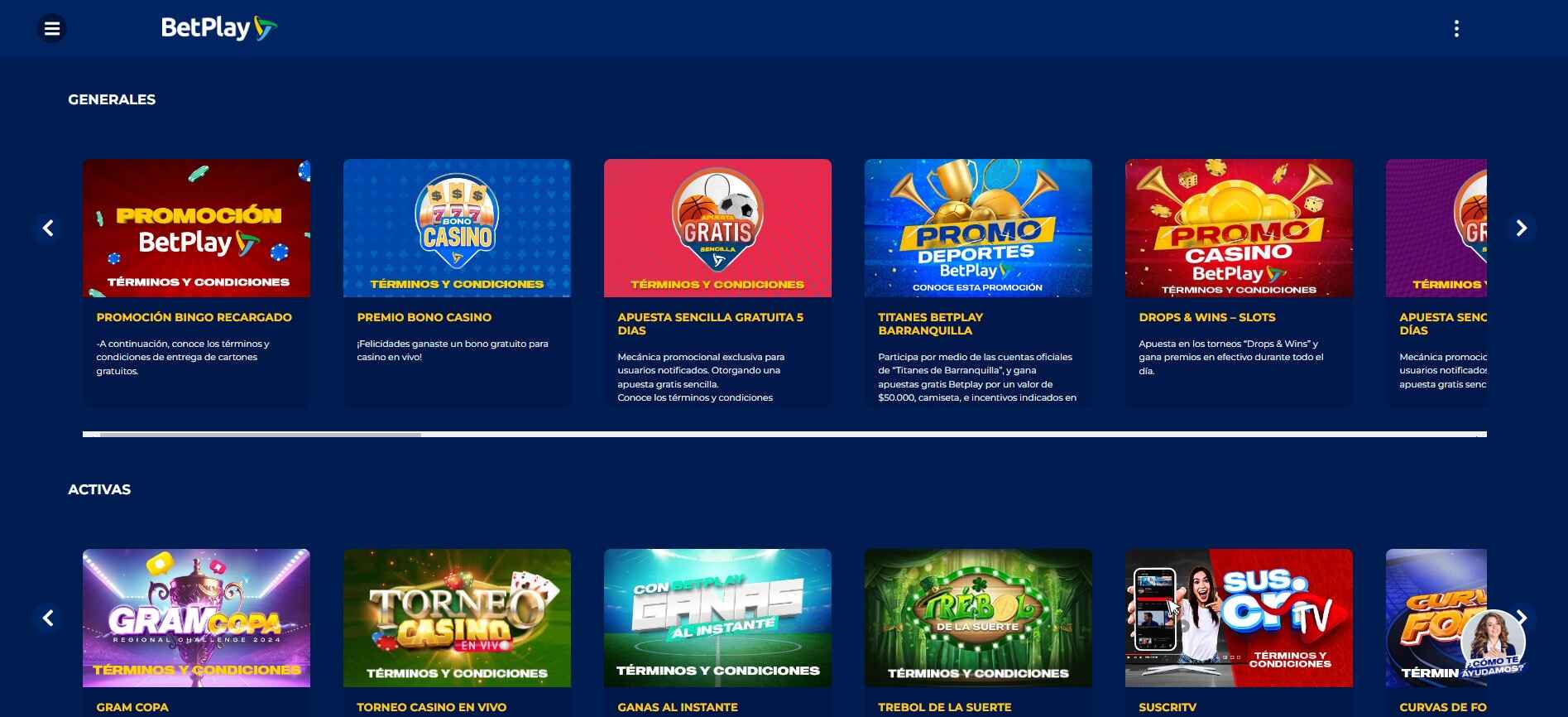 Página de promociones Betplay