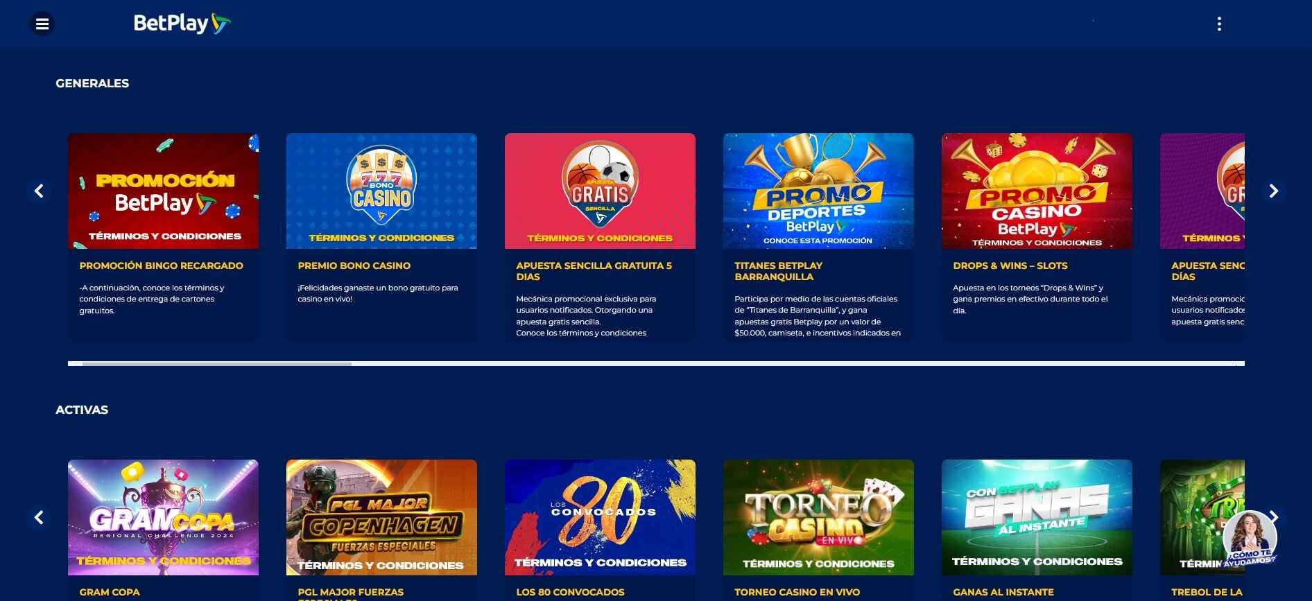 Página de promos Betplay